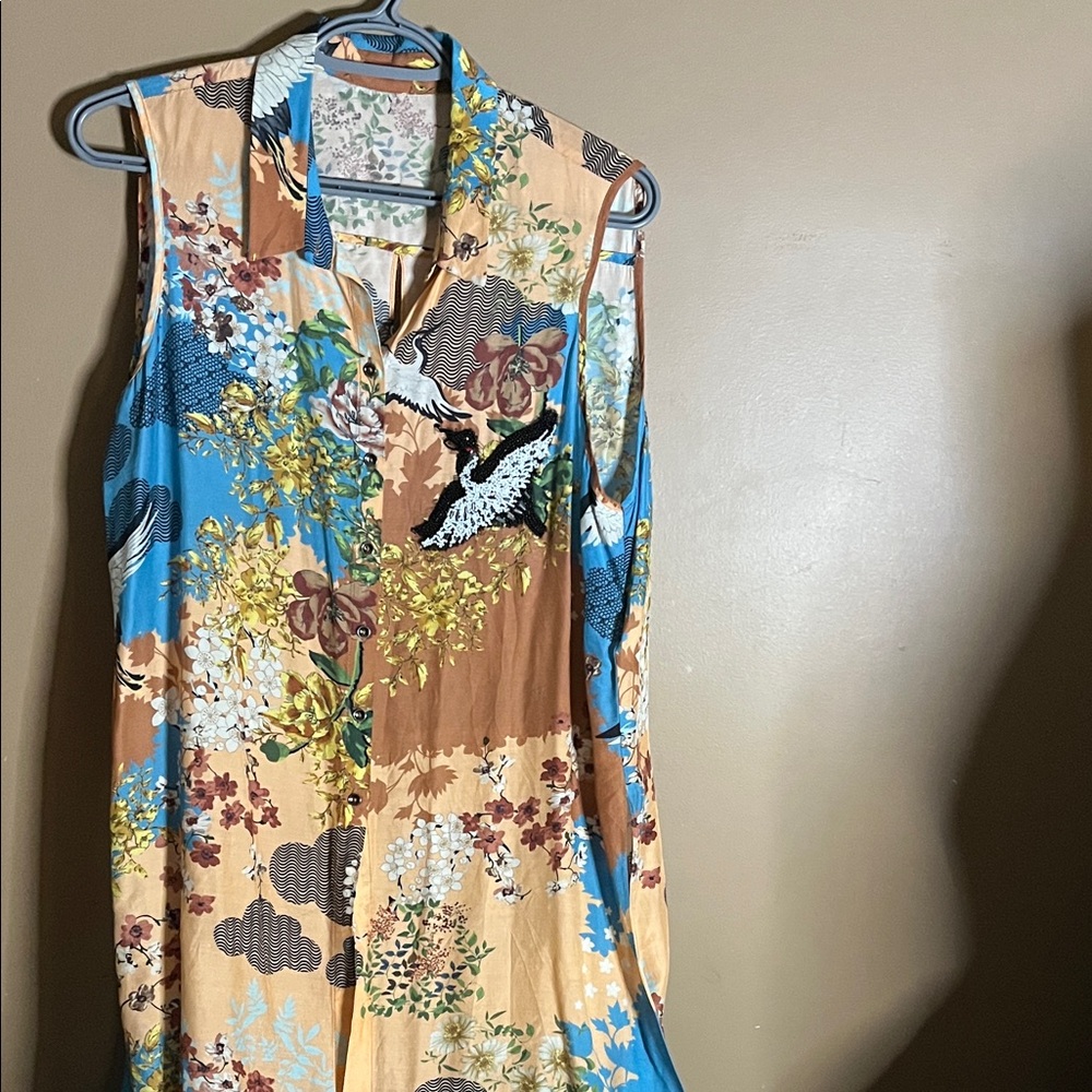 😄Long flowy duster viscose birds floral Asian inspired